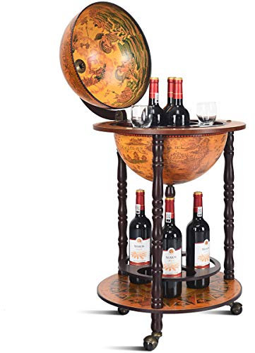 GOPLUS Armarios para Vinos y Vasos, Globo con 3 Ruedas para Botellas de Madera, Mini Bar con 4 Compartimentos, Marrón