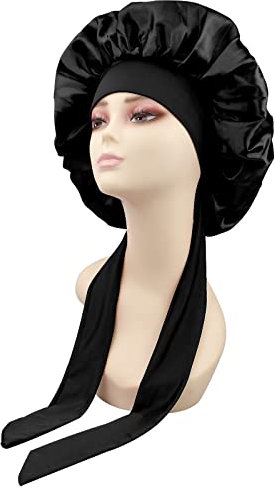 Satin Bonnet Schlafhaube,Seide Verstellbare Schlafmütz,Elastische Duschhaube,Kopftuch Schlafen, Bonnet Seidenhaube zum Schlafen Weich für Schlaf, Dusche, Haarpflege, Spa, Friseursalons (Schwarz)