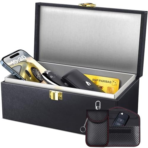 Samfolk Keyless Go Schutz Autoschlüssel Box & 2 Faraday Bag, Faraday Box Strahlenschutz Keyless Go Schutz Box Leder Schwarz (Schwarz, XL)