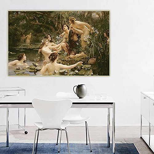 Hylas und die Wassernymphen Klassische Aktmalerei auf Leinwand, Kunstdruck, Wanddekoration, Bild für Wohnzimmer, Heimdekoration, 60 x 85 cm, rahmenlos