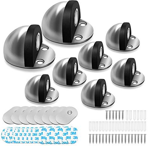 Door Stopper 8 Pack, Magnetic Door Stop, Dome Shaped Stainless Steel Brushed Satin Nickel Door Stop, Modern Soft-Catch Mute Door Holder Doorstop for Hotel Home Restaurant, Silver, Ground Mount