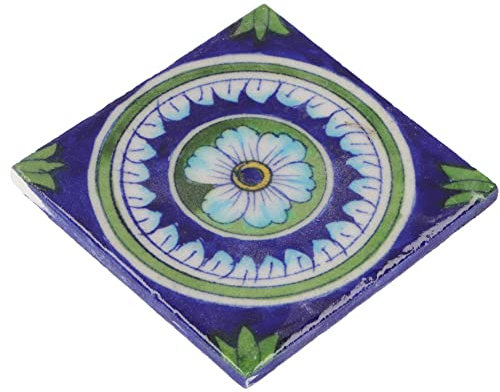 GURU SHOP Handbemalte Indische Keramikfliese, Vintage Keramik Untersetzer - Motiv 4, Blau, 10x10x1 cm, Untersetzer, Tabletts