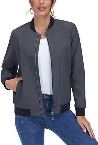 MAGCOMSEN Damen College Jacke Leicht Übergangsjacke Stehkragen Outdoor Sweatjacke Damen Dünne Pilotenjacke Basic Atmungsaktiv Blouson Jacke Dunkelgrau M