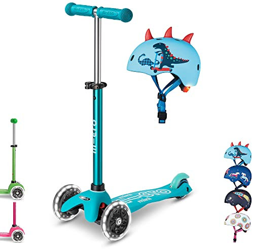 mini micro™ Deluxe LED | Das ORIGINAL | Kinder Roller ab 2 Jahren | inkl. zertifiziertem Helm | Kinderroller von 2-5 Jahre | Kickboard Scooter | 2 3 4 5 Jahre (Roller: Aqua/Helm: Scootersaurus, S)
