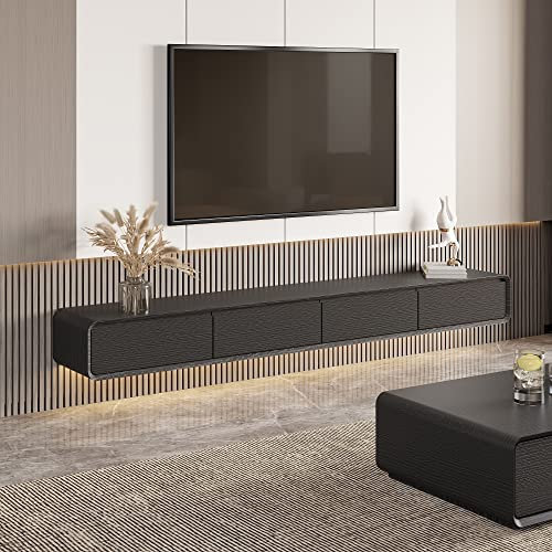 POVISON TV Schrank schwebend 240cm schwarz modern Eichenoptik aus Massivholz mit 4 Schubladen, TV Lowboard hängend mit Kabelmanagement hochwertig, Komplettmöbel mit Stauraum für Wohnzimmer