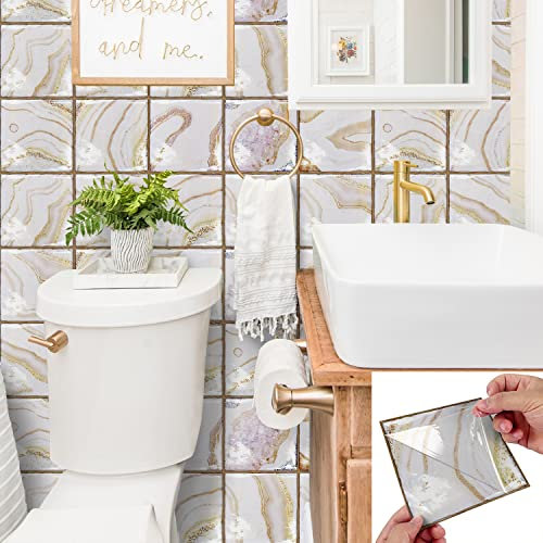 Alwayspon 10Pcs 15cm/6inch White Gold Marble Effect Tile Sticker, 0.6mm Thicken Peel & Stick Self-Adhesive Splashback Fireplace Stairs Tile Transfers, for Kitchen Bathroom Wall, 048