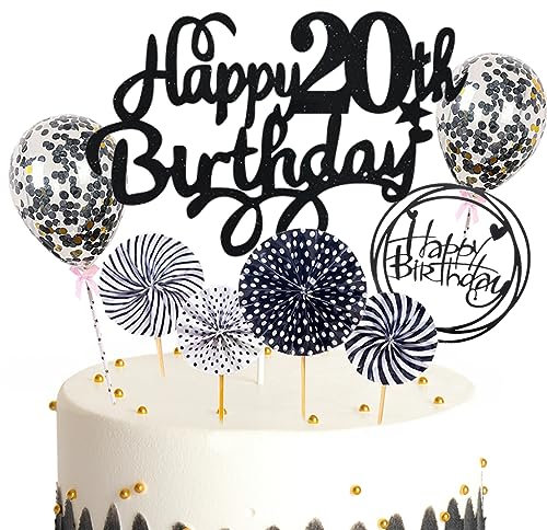 Feelairy Tortendeko 20. Geburtstag Mädchen Jungen, Schwarz Kuchen Deko 20. Geburtstag Mädchen Jungen Cake Topper Happy Birthday Ballon Konfetti für Geburtstagstorte Deko 20 Jahre Kinder