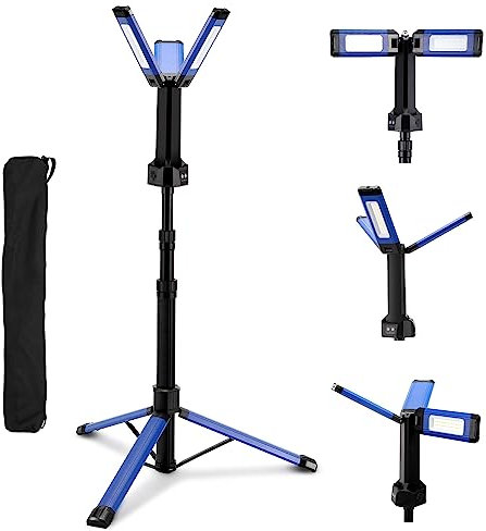 Yakimz Baustrahler LED mit Stativ, Kabellose Arbeitsleuchte, Wiederaufladbare Arbeitslicht mit 8000mAh Batterie, Dreifache Lichtköpfe Drehbar Teleskopstativ, 700-2200LM, 4000/6500K, Höhenverstellbar