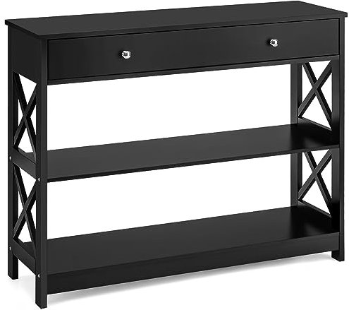 COSTWAY Table Console, Console Entrée avec Tiroir et 2 Étagères, Console Meuble Style Simple pour Salon, Couloir, Chambre, 100 x 30 x 80 CM (Noir)