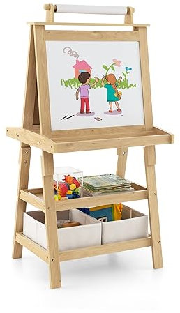 LIFEZEAL 3 in 1 Kindertafel, Staffelei Kinder mit Doppelseitiger Tafel, Standtafel mit 2 Ablageebenen, Whiteboard & Kreidtafel & Papierrolle, Maltafel mit 2 Aufbewahrungsboxen, Magnettisch (Natur)