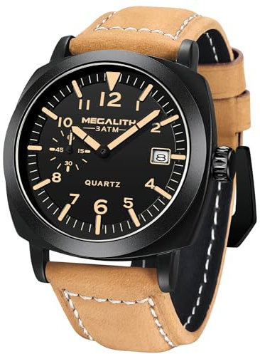 MEGALITH Herrenuhr Militär Sport Outdoor Wasserdicht mit Lederarmband Leuchtender Kalender Datum Analoge Quarzuhr Männer Armbanduhr Design