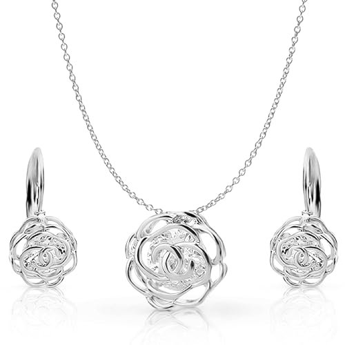 Crystalline Azuria Rose Blumen Kristalle Schmuck-Set Halskette Anhänger 45 cm Leverback Ohrringe 18 kt Weiß Vergoldet für Damen