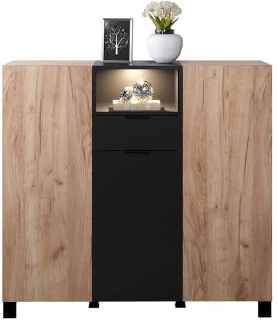 Highboard mit Beleuchtung Anrichte Schrank Kommode Sideboard Schubkasten 3 Türen offenes Fach Eiche, schwarz matt