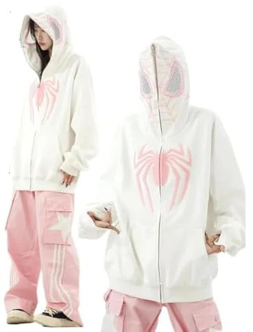 OATSBAS Y2K Hip Hop Spider Felpa con cappuccio per donna uomo grafica Full Zip Up Hoodies oversize Kawaii Hoodies Spider Jacket, bianco, Medium