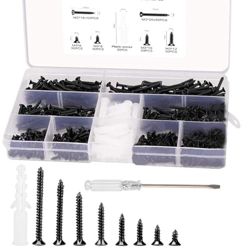 Wood Screws Assortment Kit, 420 pcs Self Tapping Screws Multi Use Drywall Screws with 1 Screwdriver for DIY/Furniture/Repairs/Door Hinges/Wood Fences/Doors/Floorboard(COLOUR:Black)