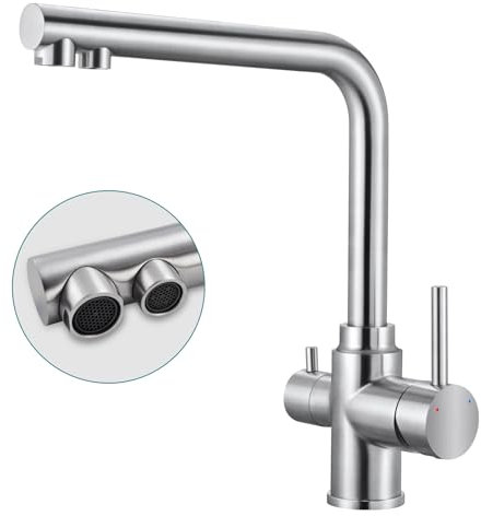 lovhaus 3 Wege Wasserhahn Küche, 360° Drehbar Küchenarmatur Trinkwasserhahn mit 2 Hebel, 3 in 1 Mischbatterie für Wasserfilter, Spültischarmatur aus Edelstahl Gebürstet