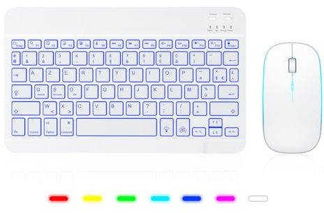 Clavier Souris sans Fil TECURS Clavier pour iPad/Samsung/Lenovo/iPhone Tablette Silent Rétroéclair, Bluetooth Clavier et Souris Léger Rechargeable Portable AZERTY pour iOS, Android (Blanc)