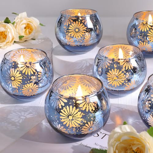 sunnyfuture Lot de 12 bougeoirs ronds en verre mercure bleu pour centres de table, mariages, cadeaux de douche, décorations de fête
