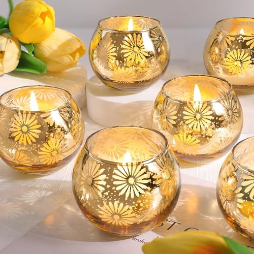 sunnyfuture Goldene Quecksilber-Votivkerzenhalter, rund, für Tischdekoration, Hochzeiten, Duschgeschenke, Weihnachten, Halloween-Party-Dekorationen, 12 Stück