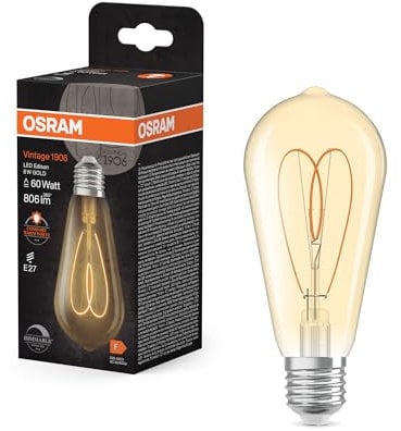 Osram Vintage 1906 Edison ist eine warmweiße, dimmbare LED-Lampe in Edison-Kolbenform mit Filament. Sie bietet 8 W für 806 lm, E27 Fassung, goldfarbenes Glas, 64 mm Durchmesser, 2200 K, EEK F.