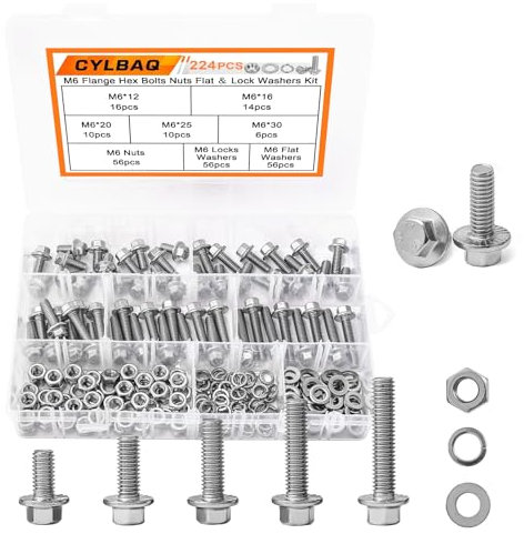 CYLBAQ 224PCS M6 Flanged Hex Bolts Nuts and Washers Assortment Kit, Stainless Steel 304 Metric Flanged Hex Screws Bolts and Nuts Kit 12mm 16mm 20mm 25mm 30mm