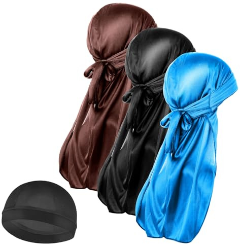 Molain Seidige Durag-Kappe für Herren, 3 Stück und 1 seidige Durag-Kappe mit langem Schwanz, elastisch, weich, atmungsaktiv, seidig, gewellt, perfekt für 360/720 Wellen (Schwarz & Kaffee & Blau)