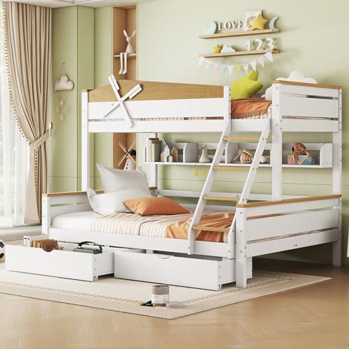 Aoskem Kinderbett Etagenbett 90x200 & 140x200, Hochbett Hausbett Holzbett mit Stauraum Schubladen & Regalen, mit Schrägleiter, Bettgestell mit Rausfallschutz und Lattenrost, Ohne Matratze, Weiß+Natur