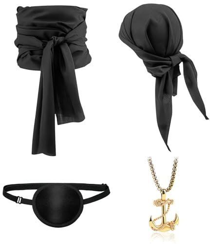 NebulaGlam Piraten Accessoires Set, Piraten Stirnband Taillengürtel mit Augenklappe Halskette, Piratenkapitän Mittelalterliche Große Schärpe für Karneval Halloween Kinder Frauen Männer (Schwarz)