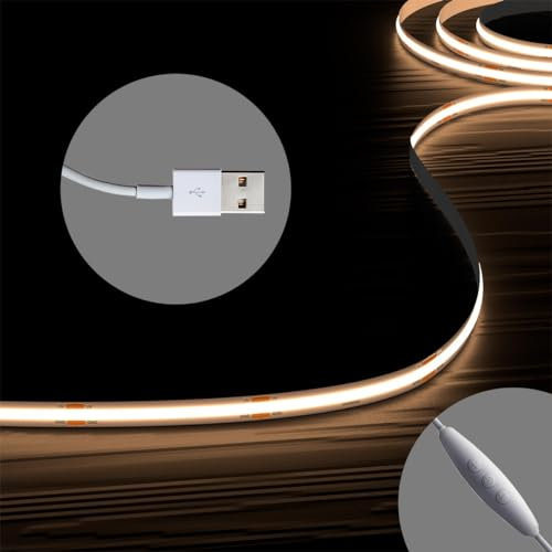 HOMINA Bande lumineuse LED COB avec variateur de mémoire à 3 touches, USB 2 m, ultra lumineux 3000 K, 90 + CRI LED, corde lumineuse pour chambre à coucher, armoire, cuisine, rétroéclairage TV