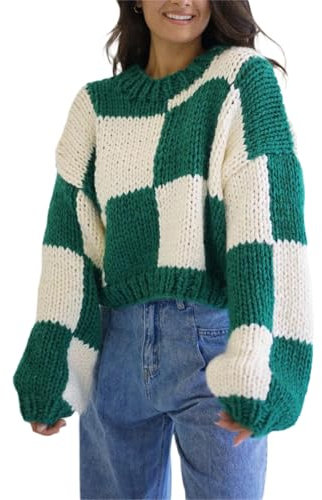 Owegvia Women Comfy Jumpers Casual Warm Plaid Print Long Sleeve Pullover Basic Knitwear for Autumn Streetwear (Green, M)