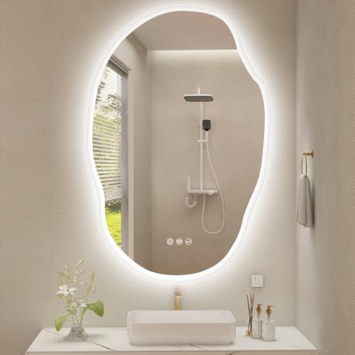 S'bagno Irrégulier Miroir Salle de Bain avec Eclairage 60x90cm, Bluetooth Miroir LED Salle de Bain, Anti-buée, 3000K-6500K, Dimmable, Mémoire, IP44 Miroir Lumineux Salle de Bain, Horizontal/Vertical