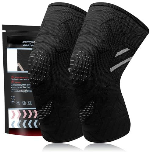 YOLONCE 2 Pcs Genouillère pour Homme et Femme,Genouillère de Sport,Genouillère Arthrose Genou,Élastique Respirant Genouillère Sport pour course à pied et entraînement,Noir,XL