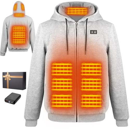 Wodesid Heated Hooded Sweatshirt for Men and Women Heated Jacket with 10000mAh Battery Included, Heated Coat with Rechargeable Hood, grey, XL