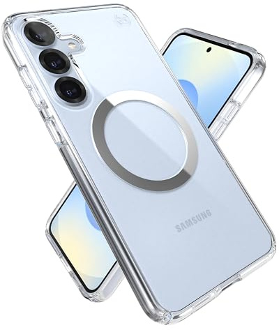 Speck Presidio Schutzhülle für Samsung Galaxy S25 Plus, Magnet-Hülle, 3,5 m Fallschutz, Vergilbungsschutz, Magsafe-erhöhte Lünette und verbesserte Tasten, Presidio Perfect-Clear – transparent/chrom (1