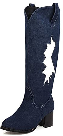 Stivali da Donna Jeans con Tacco Tondo, Stivali Lunghi, Jeans da Donna con Tacco Alto, Stivali Larghi, Scarpe Primaverili e Autunnali da Donna