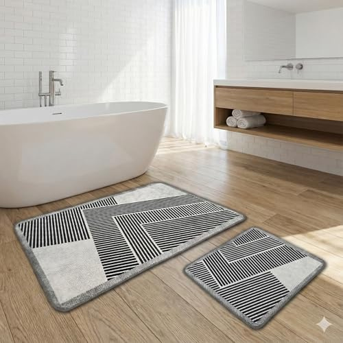 miqna Nonwe 2-teiliges Badematten-Set – rutschfest, Wasserabsorbierend und Weich – Hochwertige Badezimmerteppiche für Dusche, Badewanne und WC Grau (Nonwe, 60 x 100 cm - 50 x 60 cm)