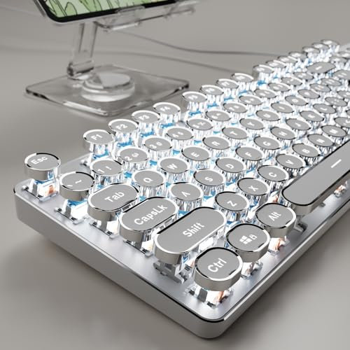 SEUNKWANG EWEADN TK100 Typewriter Style Wired Mechanical Keyboard, 104 Keys Aesthetic Typewriter Keyboard with White Backlit, Anti-Ghosting, Blue Switch Wired Cute Keyboards-White