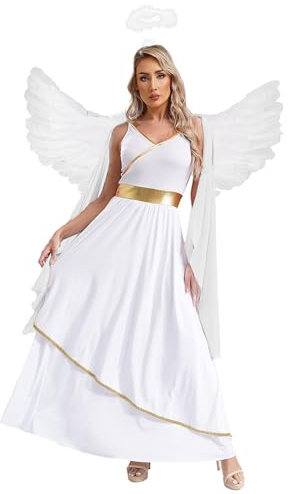 RUNQHUI Déguisement Ange Femme Robe Blanche Long + Ailes + Auréole Serre-tête Ange Cosplay Carnaval Halloween Costume