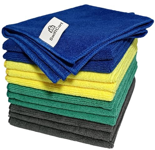 SwiftCart Microfibre Cloth | Size 32x32cm | Pack of 12 | Lint Free, Thick, Super Absorbant Microfibre Cleaning Cloths for Home & Kitchen, Glass, Windows, cars & all types of cleaning.