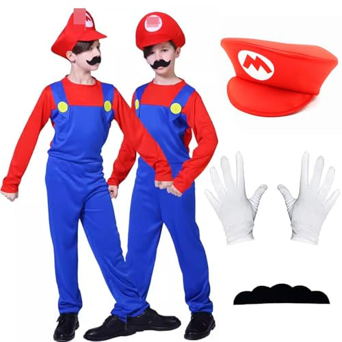 Jofiesu Kostüm für Kinder im Alter von 3–12 Jahren, Kostüm, Spiel-Outfit, Overall, Bodysuit, Cosplay mit Hut, Handschuhen, Schnurrbärten (Rot, 5–6.)