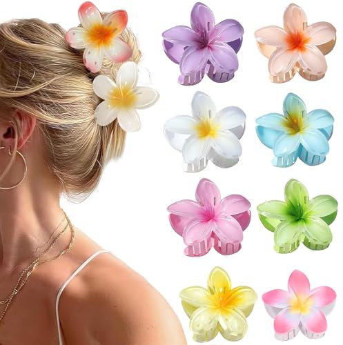 Flower Claw Clips,8PCS Hair Clips, Hawaiian Flower Clips,Strong Hold Big Hair Claw Clips for Thick/Thin Hair for Women,Cute Hair Claw Accessories