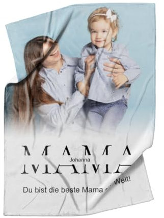 Kuscheldecke Mama 140 x 200 cm - mit Foto und 2 Texten personalisierbar - Fotodecke selbst gestalten - Geschenkidee Muttertag, Geburtstag Mama White