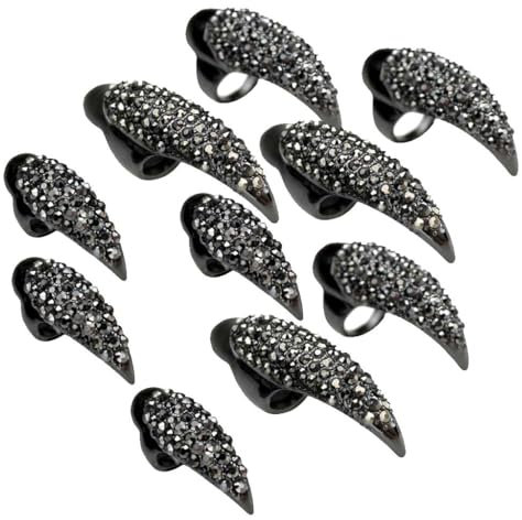 Jojomis 10pcs Diamante Eagle Claw Finger Tip Nail Art Rings Statement Jewelry Black