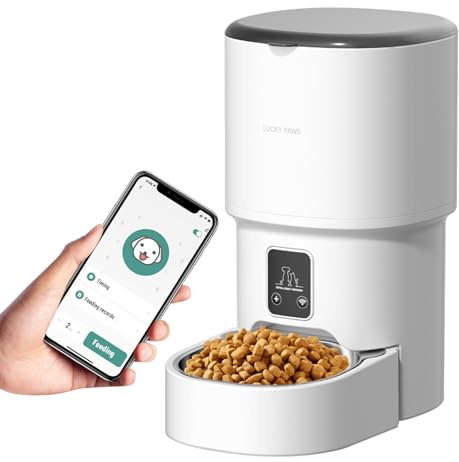 Bizcasa 4L Distributeur Croquettes Chat Automatique, Mangeoire pour Chien avec Gamelle en Acier Inoxydable, Distributeur Croquettes Chat Automatique, 1 à 6 Repas par Jour (Blanc - WiFi - 4L)