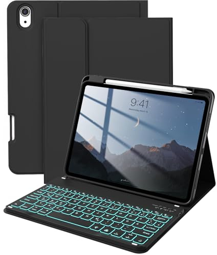 BQDIYOO Hülle mit Tastatur für iPad A16 11/10 Generation (2025/2022,Schwarz | 7-Farben Beleuchtung Magnetische Abnehmbare Tastatur für iPad 11./10. Gen Hülle mit Stifthalter