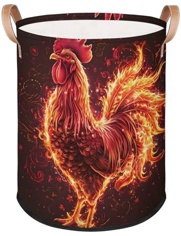 Chinese Year Fire Chicken Laundry Basket Foldable Storage Baskets Round Laundry Hamper With Handle for Gift Baskets/Laundry Storage/Bedroom and Utility Room Storage Bins