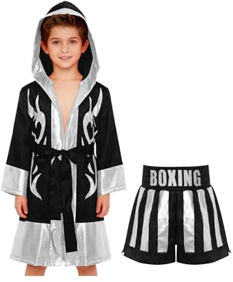 Aislor Costume da Boxe Bambino Ragazzo Accappatoio da Boxe Muay Thai MMA Kickboxing Training Robe + Pantaloncini Shorts Abbigliamento per Arti Marziali Nero argento 5-6 anni
