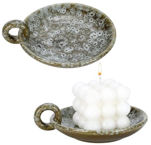 PH PandaHall 2pcs Vintage Ceramic Candle Tray, Incense Holder Rustic Candle Holder with Handle Olive Green Plate Cup Holder for Tea Lights Pillar Candles Cup Home Decor Housewarming Decoration, 4.9