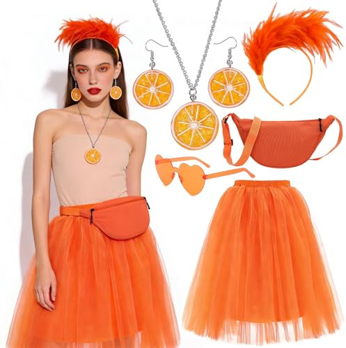 YDUNARISE 6er Aperol Kostüm Damen Accessoires,mit Orange Tüllrock,Bauchtasche,Ohrringe Orangenscheiben Halskette,Feder Haarreif,Brille,für Fasching Karneval Mottoparty
