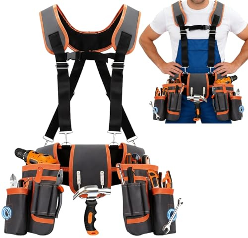 Ceinture à outils Sacoche à Ceinture Avec 26 poches, sacoches à outils Magnétiques pour Hommes, Sacoches à ceinture Amovibles Sacoche à outils pour Artisans (26 poches + bretelles)